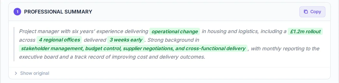 A professional summary rewritten for the job, with the job’s own terms highlighted: operational change, a £1.2m rollout across 4 regional offices delivered 3 weeks early.