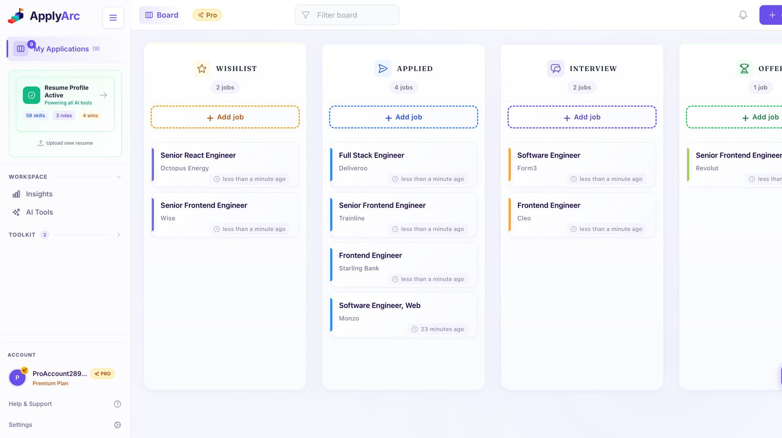 ApplyArc job tracker board with wishlist, applied, interview and offer columns