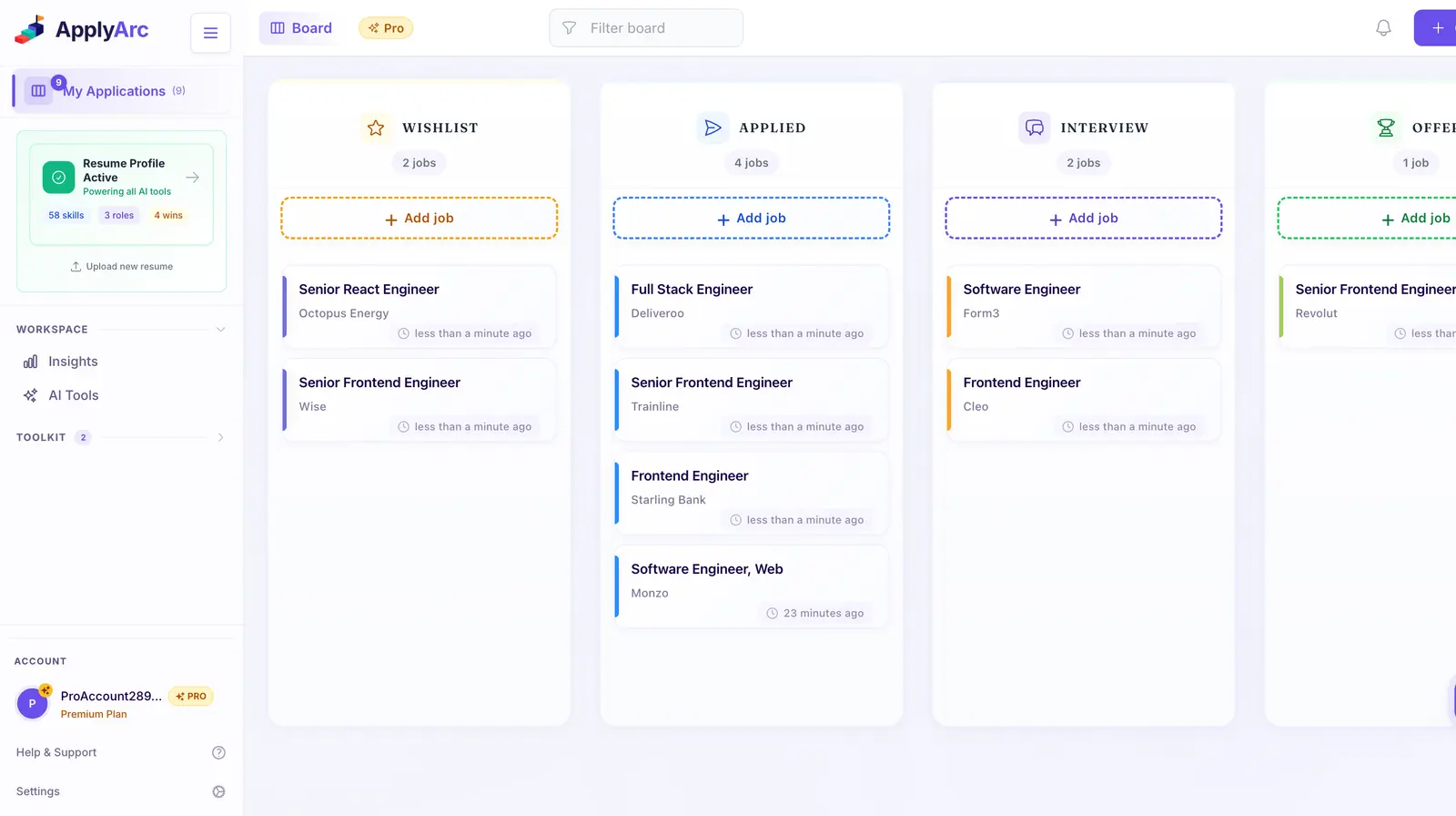 ApplyArc job application board showing roles from wishlist to offer