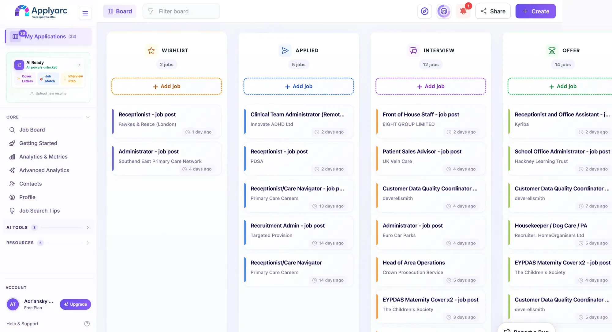 ApplyArc job application board showing roles from wishlist to offer